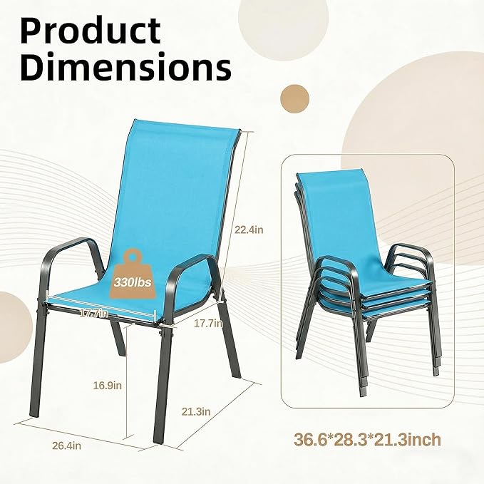MAMIZO Patio Dining Chairs, Stackable All Weather Teslin Chair, Heavy Duty Outdoor Breathable Chairs Set, w/Armrests, Upgraded Chair FeetW/Strenthened Iron Spacers, 330 LBS (4, Turquoise Blue)