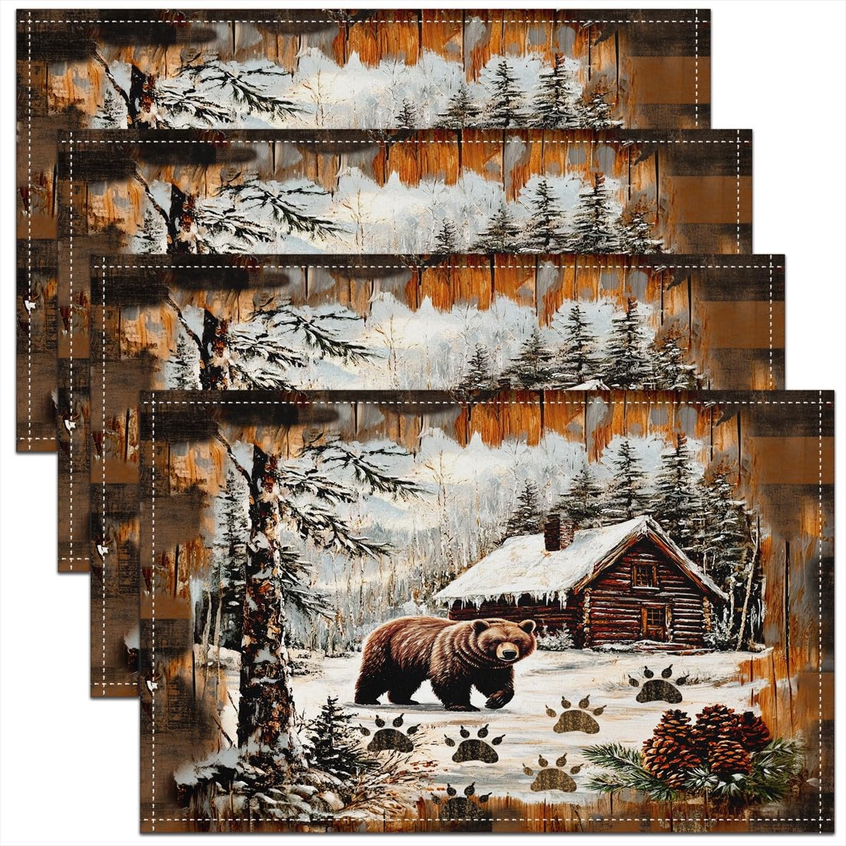 Lodge Cabin Placemats 12x18 Inch Set of 4 Pine Trees Wild Animal Jungle Bear Table Mats for Kids Teens Adults Wooden Stripes Winter Farmhouse Rustic Kitchen Mats for Dining Table