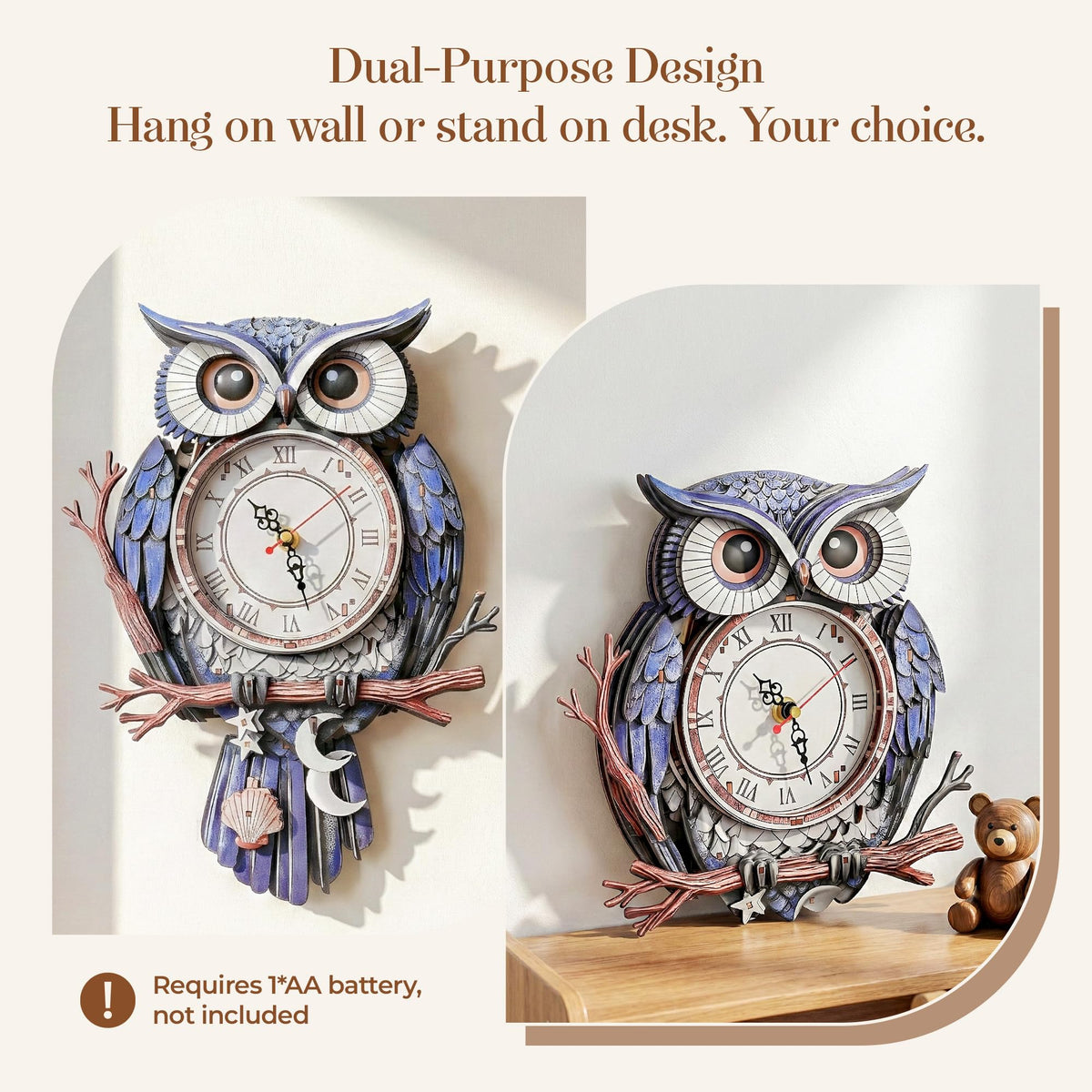 WDPINTU 3D Wooden Puzzle Clock - Owl with Moon & Stars Design, DIY Mechanical Pendulum Wall Clock, Unique Night Theme Decor Gift for Adults & Teens
