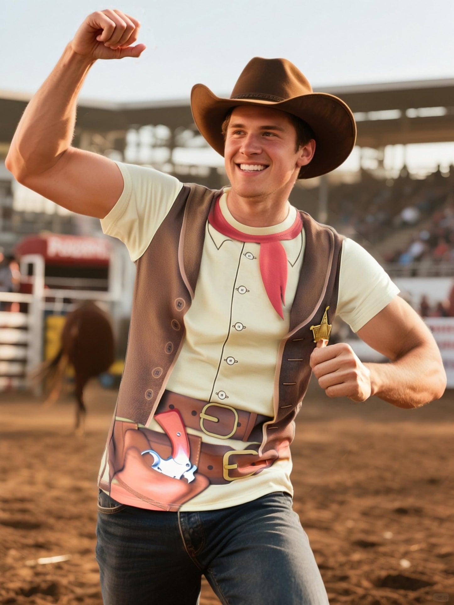 Funny World Men's Western Cowboy Costume T-Shirts, X-Large, Brown