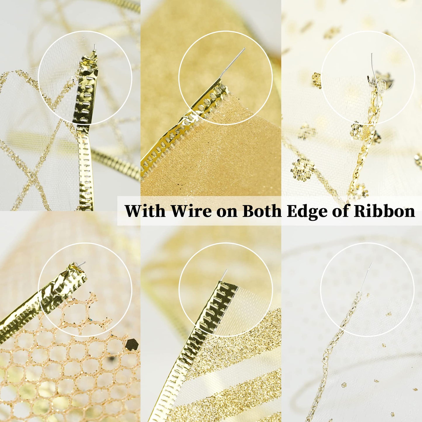 MEEDEE Gold and White Ribbon for Christmas Trees - 2.5 Inch, 6 Rolls, 36 Yards - Gold Wire Mesh Ribbon for Wreaths and Tree Decoration