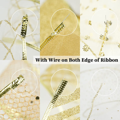 MEEDEE Gold and White Ribbon for Christmas Trees - 2.5 Inch, 6 Rolls, 36 Yards - Gold Wire Mesh Ribbon for Wreaths and Tree Decoration