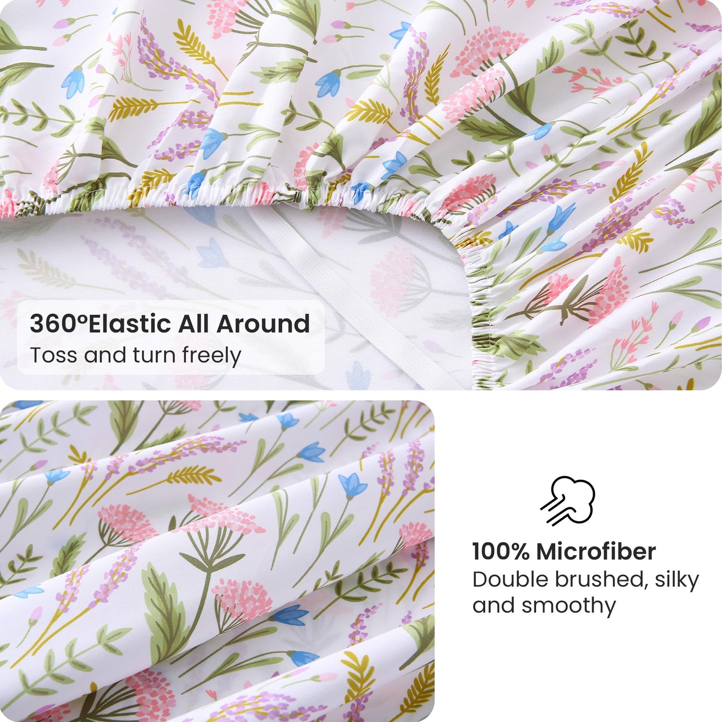 Viviland Floral Twin Sheet Set - 3 Piece Lavender & Blue Bell Pink Cluster Botanical Patterned Bed Sheets - Soft, Breathable Microfiber Sheets with Deep Pocket, Non-Slip Fitted Sheets & Pillowcases