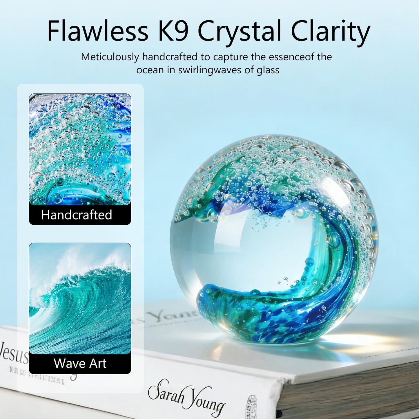 XLSJGYP Crystal Ball Blown sea Glass Art Ornament Collectible Blue Waves Paperweight Figurines Spere Statues for Home Office Decor a Gift for Ocean Lovers Perfect for Men Women (Blue-Crystal Ball)