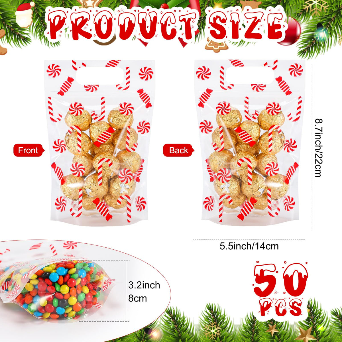Fuutreo 50 Pcs Christmas Candy Gift Bags Xmas Clear Sealing Pouches with Handles Resealable Red Christmas Plastic Bag for Xmas Winter Holiday Party Snack Gift Wrap Supplies Decoration (Candy)