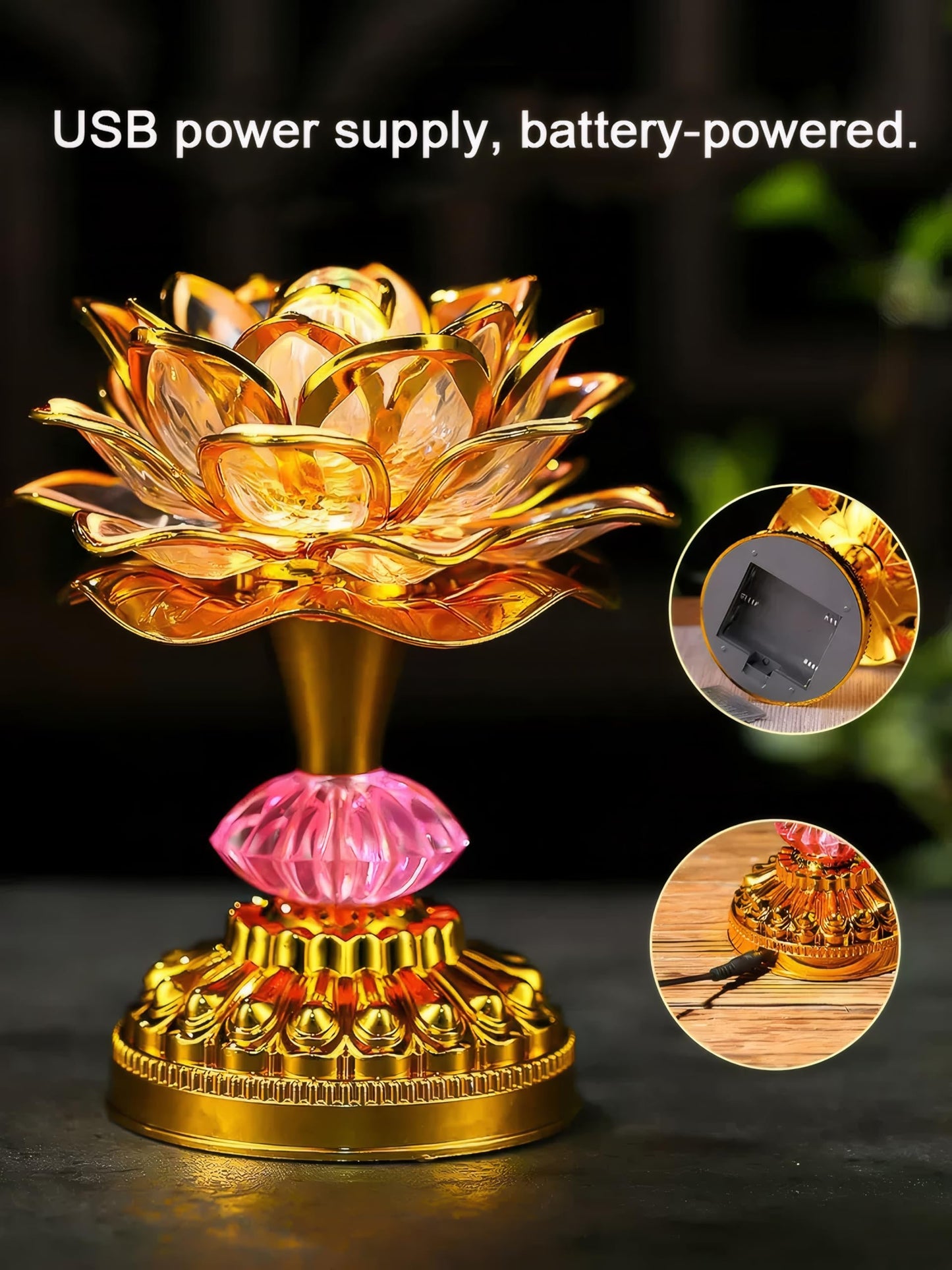 Omeet Colorful LED Lotus Buddhist Lamp, Built 13 Buddhist Songs, Gradient Buddha Light for Worship, Prayer and Display, Low Power Consumption, Eco, Buddhist Supplies - Gold