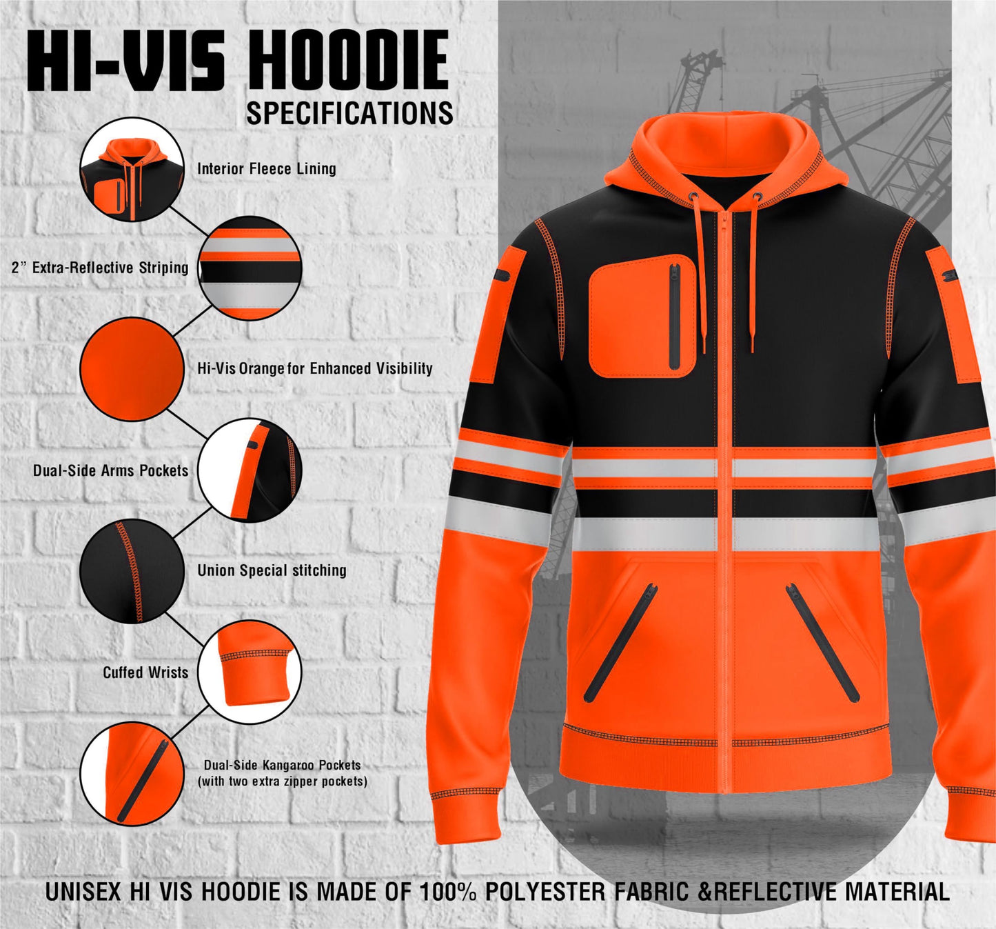 trending babz Mens Hi Vis Pullover Hoodie Reflective Tape Safety Work Drawstring Multi Zipped Pockets High Viz High Visibility Hoodie Sweatshirt
