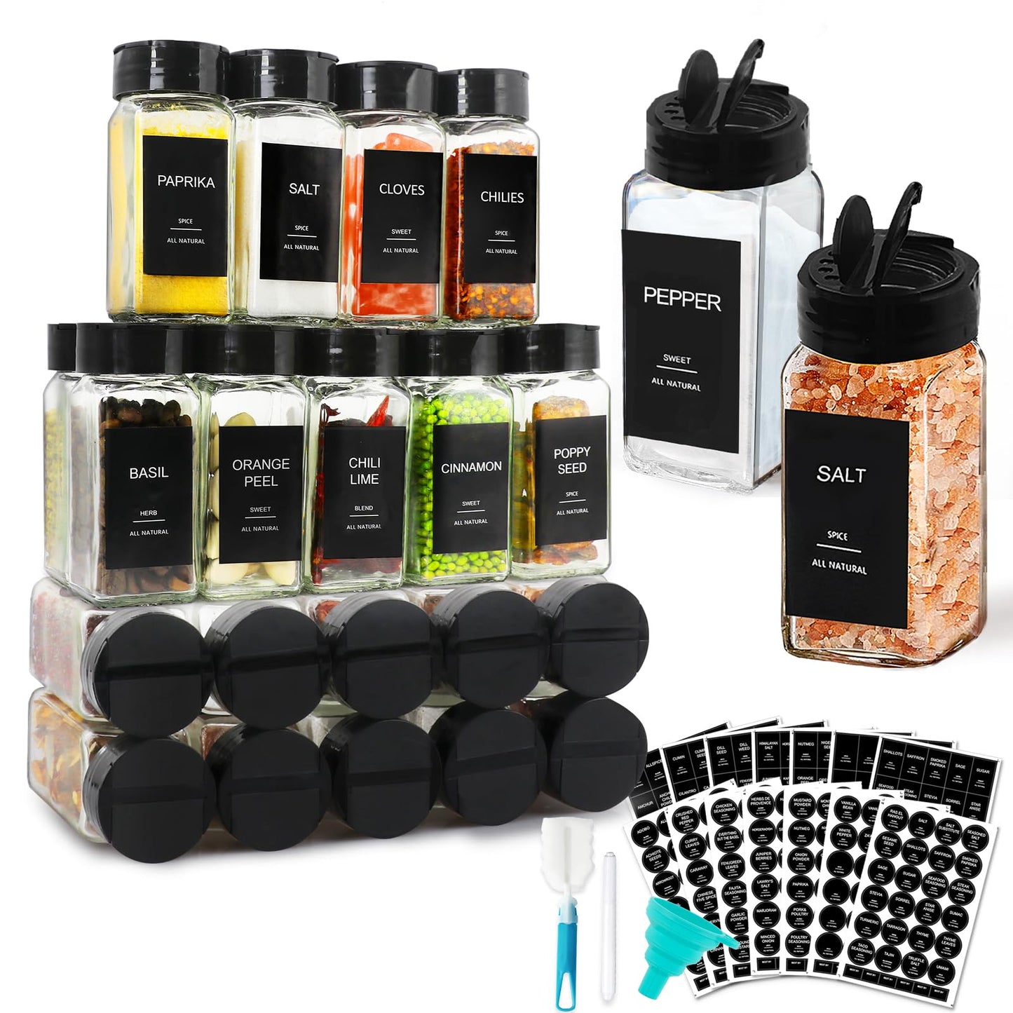 AISIPRIN 24 Pcs Glass Spice Jars with 398 Labels, 4oz Empty Square Spice Containers Seasoning Bottles - Shaker Lids, Funnel, Brush and Marker Included(Black Metal Caps)