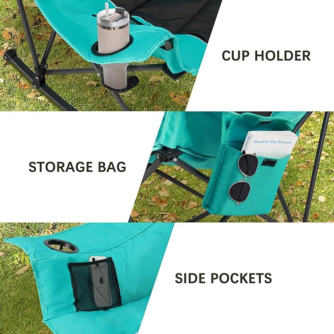 Oversized Rocking Camping Chair with Headrest & Cup Holder - 400lbs Capacity, 600D Oxford Fabric, Easy Fold Portable Outdoor Rocker Chair for Camping, Backyard, Beach, Blackgreen
