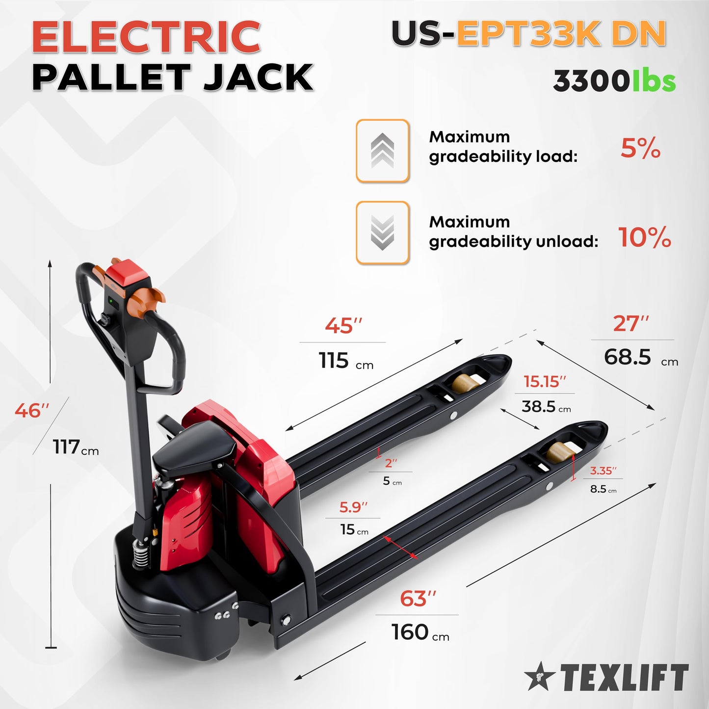 TEXLIFT Full Electric Power Pallet Jack – Standard Duty Pallet Lift Truck 3300 Lbs Capacity, 48” L x 27” W Fork Size, Plug-in 24V/30Ah Lithium Battery – Max Lift Height 8 Inch - (US-EPT33K-DN)