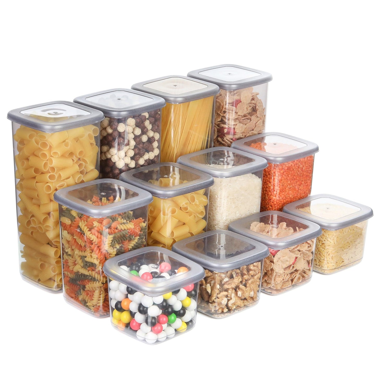 T&D HOME GOODS Storage Jars with Lid, Airtight, Set of 12 Storage Containers, BPA-Free, Storage Container for Cereal, Flour, Kitchen, Practical Organiser Kitchen, (12, 3 Square diff size)