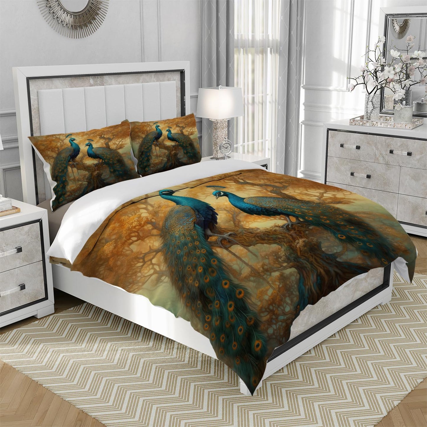 RICQLESC Peacock Duvet Cover and 2 Pillow, Beautiful Elegant Feather Wild Birds Animal Golden Tree Art Comforter Set, Kids Boys Girls Bedding 3 Pieces, King Size 104x90 inch