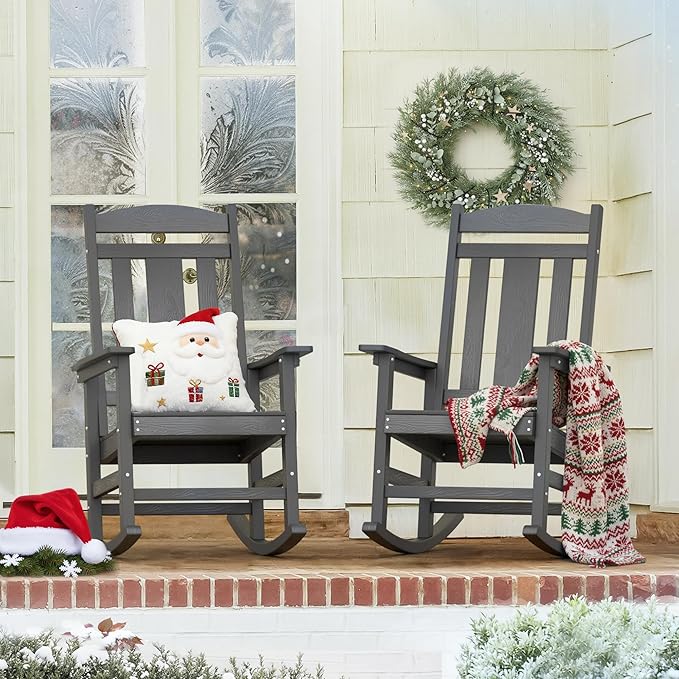 LUE BONA Outdoor Rocking Chairs Set of 2, Weather Resistant HDPS Poly Rocker Chairs, 350lb Heavy Duty, Oversized Porch Rocker for Adult, High Back Smooth Rocking Chairs for Outdoor & Indoor, Gray