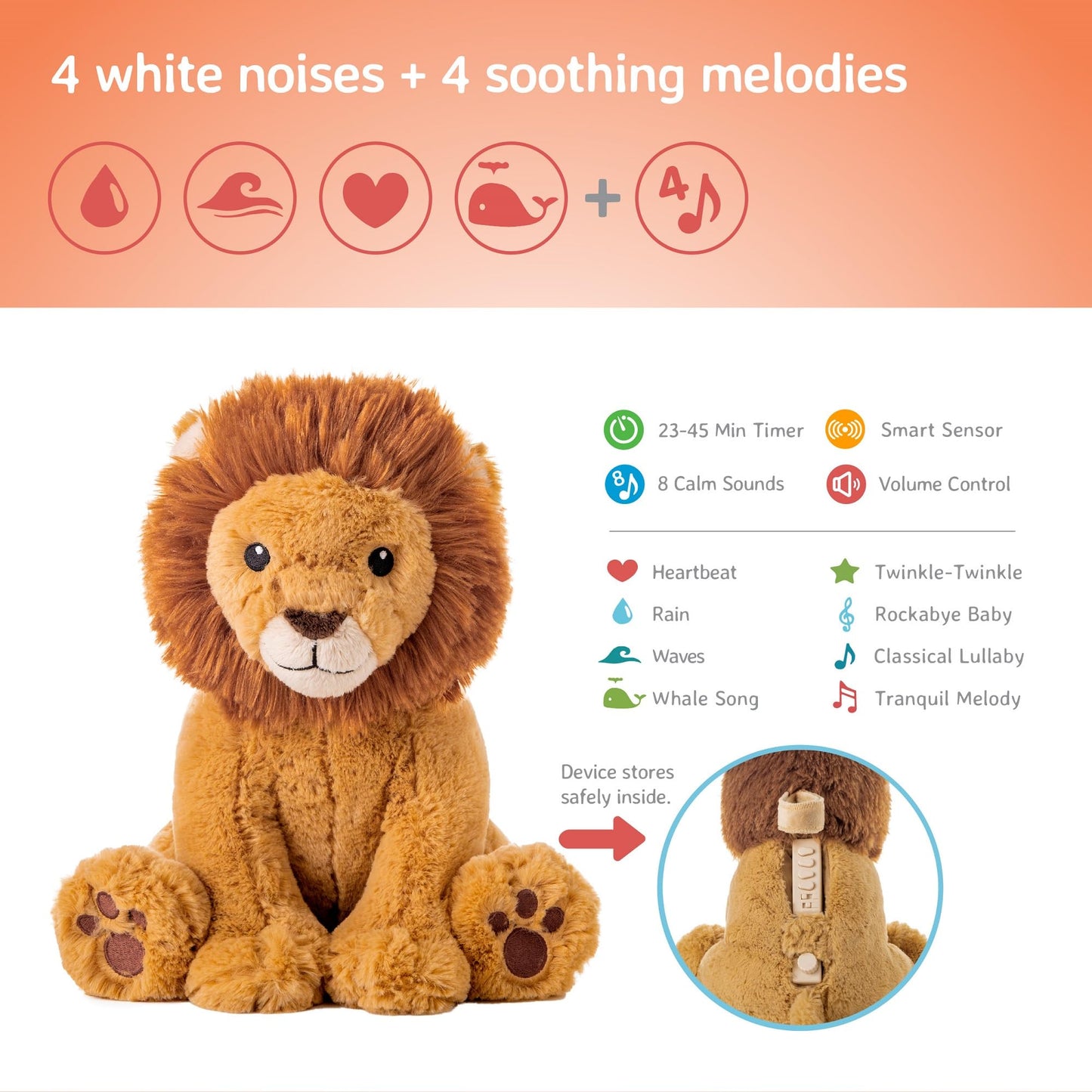 Cloud b Louis Lion - Award-Winning Plush Soothing White Noise Machine Baby Sleep Aid | Soft, Cuddly Comfort | Smart Sensor & Auto Shut-Off
