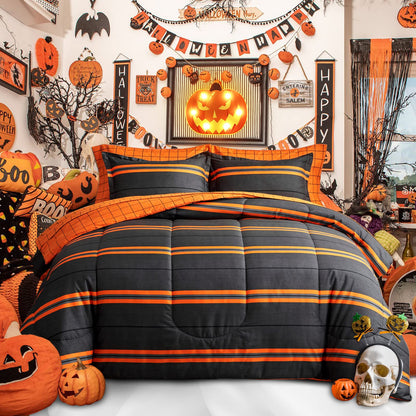 Flysheep Boho Striped Halloween Bed in a Bag 7 Pieces King Size, Ombre Bright Orange Stripes on Black Comforter Sheet Set (1 Comforter, 1 Flat Sheet, 1 Fitted Sheet, 2 Pillow Shams, 2 Pillowcases)