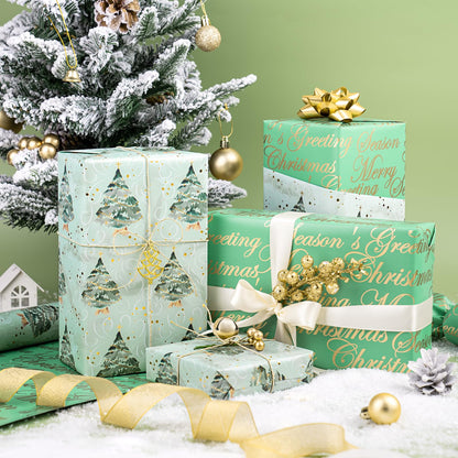 WRAPAHOLIC Reversible Green Christmas Wrapping Paper - Mini Roll - 17 Inch x 33 Feet - Watercolor Green Christmas Tree Wrapping Paper with Metallic Foil Shine for Holiday, Party, Celebration