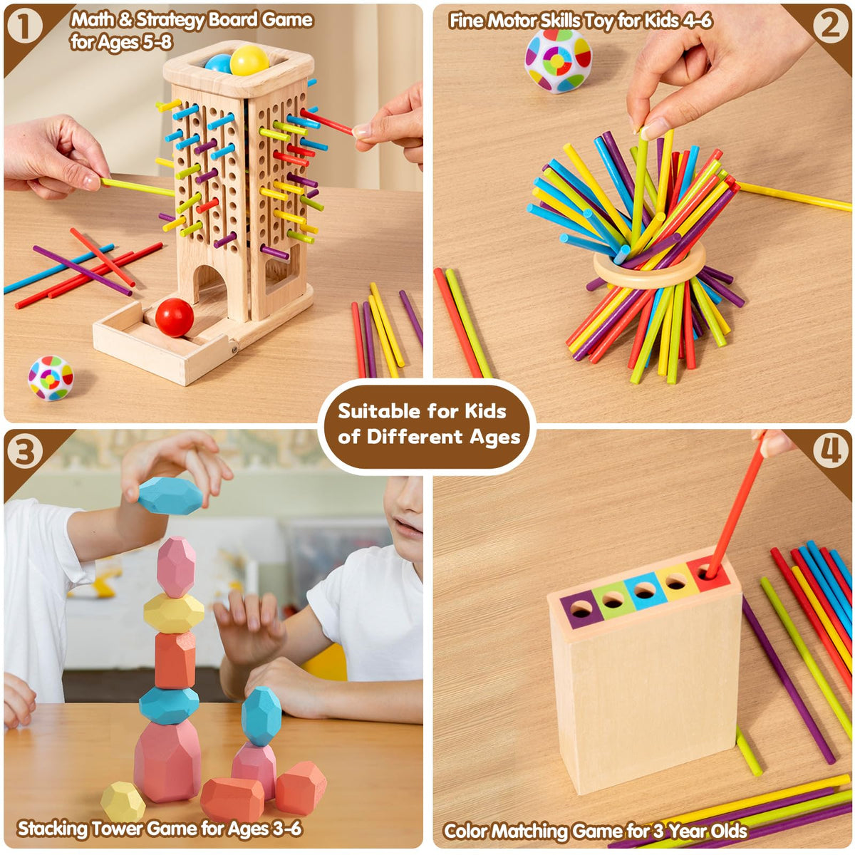 Montessori Toys for 3 Year Old, Wooden Board Game Pick Up Sticks Ball Drop