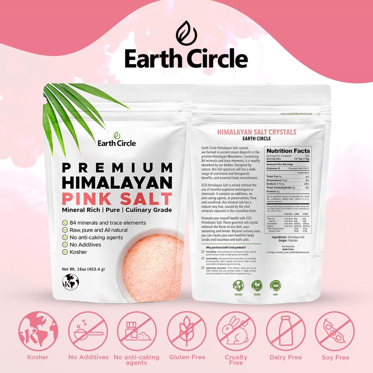 Earth Circle Organics Premium Himalayan Unrefined Pink Fine Grain Salt, No Anti-Caking Agents, Pure Culinary Grade - Kosher, Nutrient and Mineral Dense, 1 pound