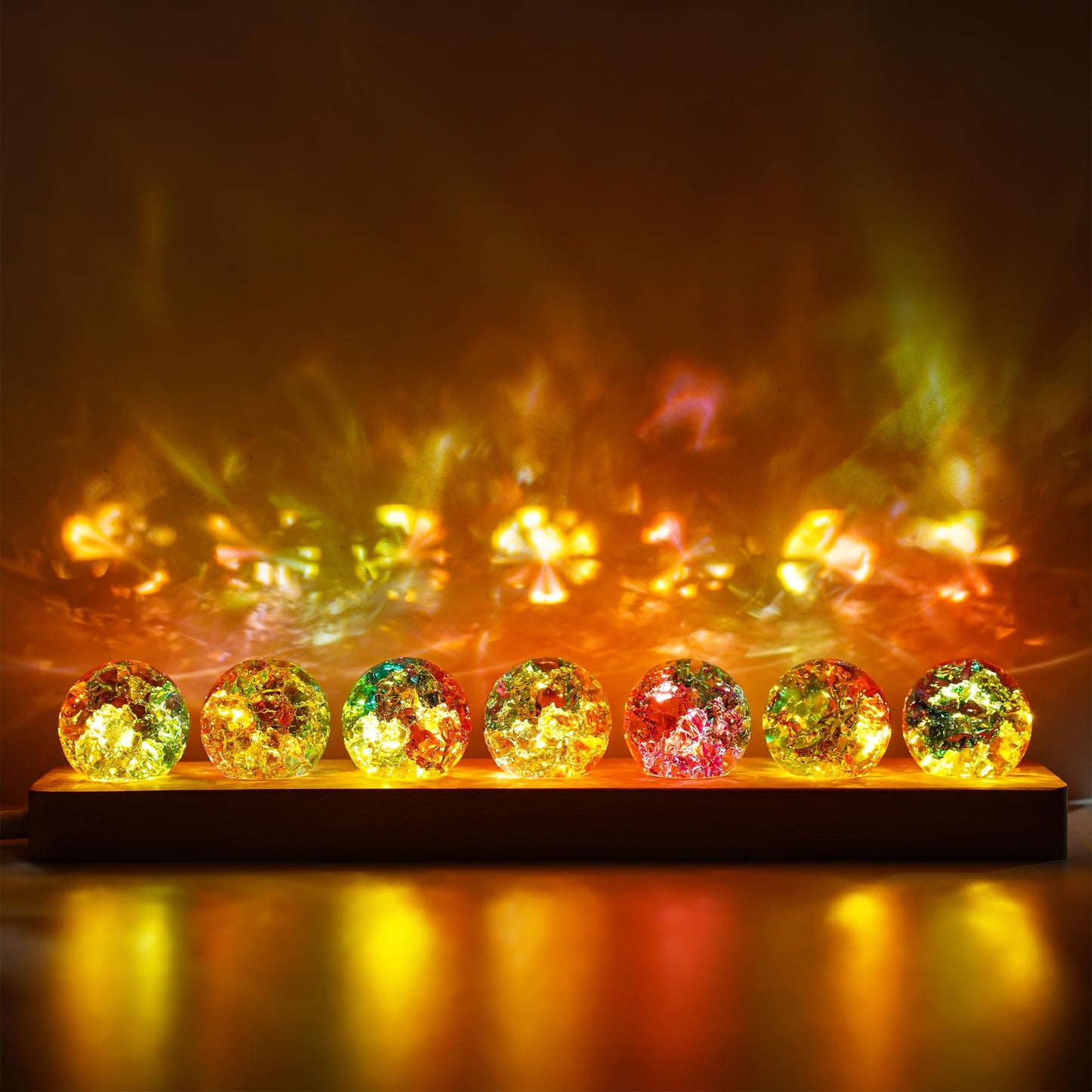 LOULIQIGIFT Set of 7 Crystal Balls Night Light Decor Healing Spheres with LED Wooden Stand for Meditation Energy Balancing Home Office Mother's Day Decoration Gifts for Women