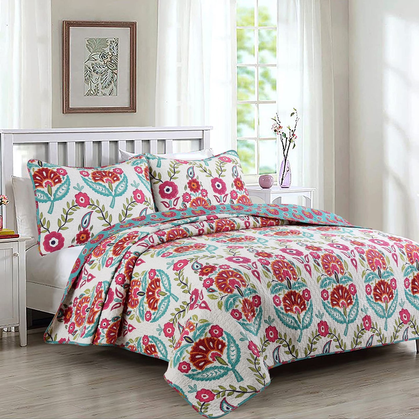 Cozy Line Home Fashions Pink Red Floral 100% Cotton Reversible Quilt Bedding Set, Coverlet Bedspread (Fuchsia Flowers, Queen - 3 Piece)