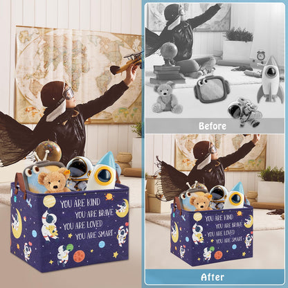 XHWZOF Space Room Decor Kid Storage Box,Boys Astronaut Planets Stars Organizer Toy Box Bin, Galaxy Spaceman Outer Space Blue Laundry Hamper for Baby Bedroom Classroom Nursery