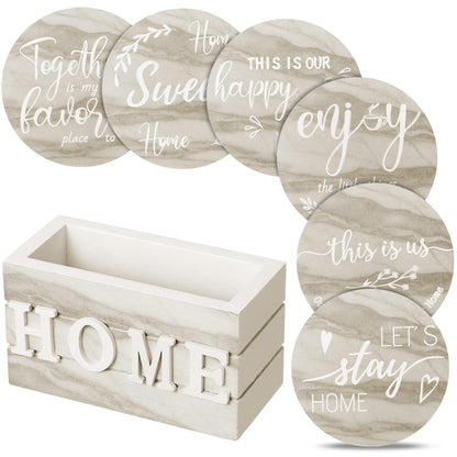 Queekay Coasters Set of 6 House Warming Gifts New Home Wooden Farmhouse Drink Coasters with Holder 4'' Funny Decoration for Kitchen Family Coffee Bar Tabletop Protection(Brown Marble)