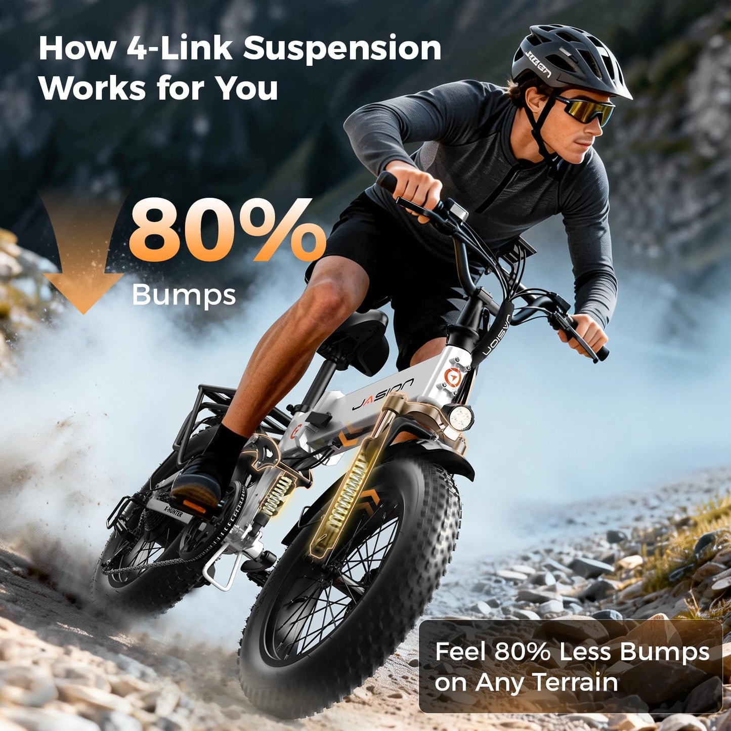 Jasion X-Hunter Foldable Electric Bike, 1400W Peak Motor, 30MPH Max Speed 70+ Miles, 48V 13AH Removable Battery, Full Suspension System, 20''*4.0 Fat Tire Ebike For Adults, 7-Speed Bicycle with Basket