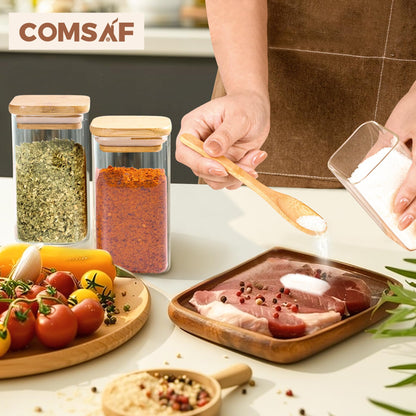 ComSaf 6Pcs 240ml Glass Spice Jars with Lids and Label, Glass Spice Bottle with Bamboo Lids Supplementary Set, Small Spice Container, Perfect for Ktichen Starter