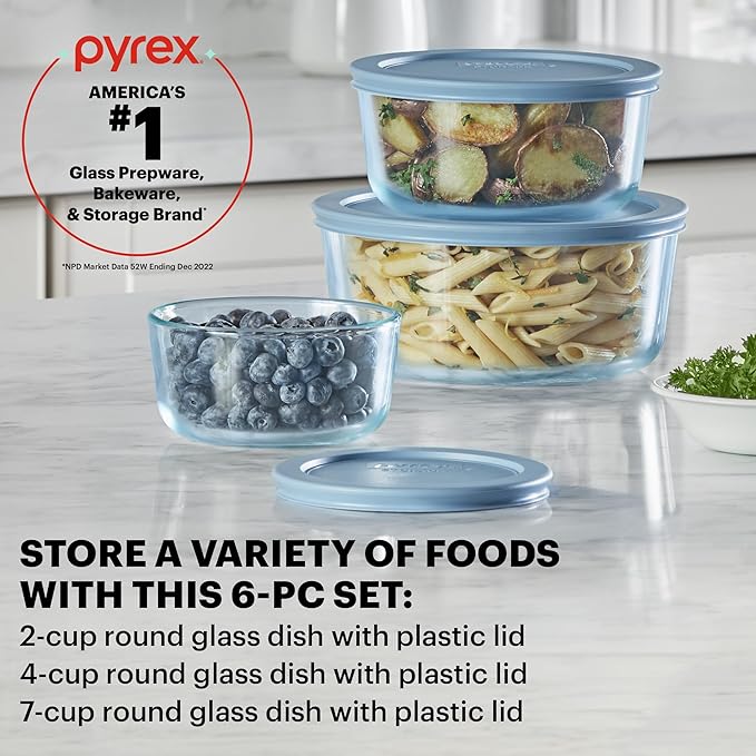 Pyrex Colors Tinted Small/Medium Round Food Storage Container Set, Snug Fit