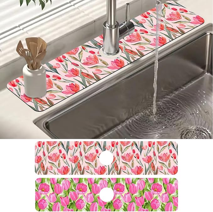 2 Pack Watercolor Tulips Sink Faucet Absorbing Mat Pink Tulips Super Absorbent