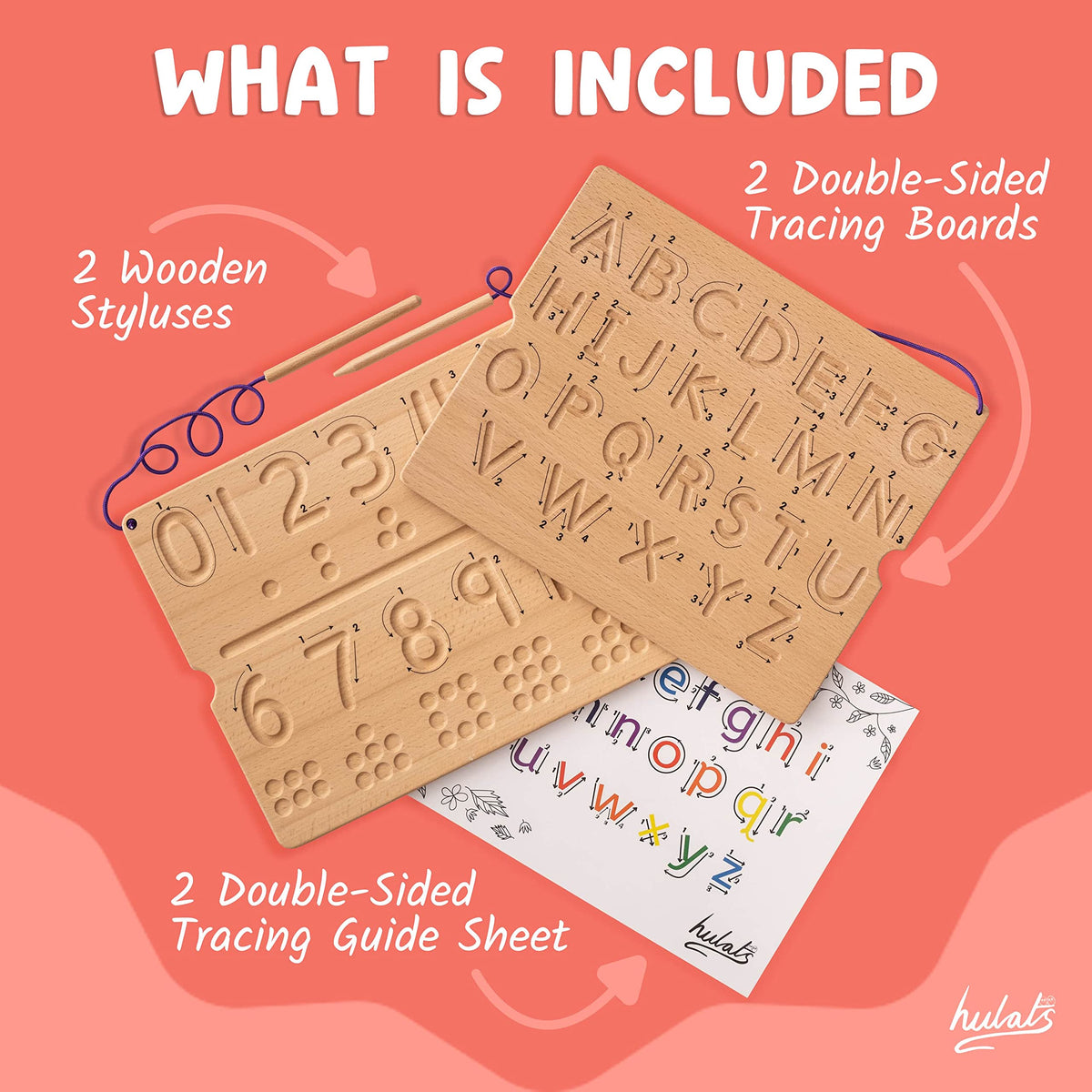 Hulats Learn to Write - Number & Letter Tracing Boards with Direction Arrows - Montessori Wooden Alphabet & Numbers Board Set, Ages 3-5 - Deep Grooved Handwriting Practice, Screen-Free