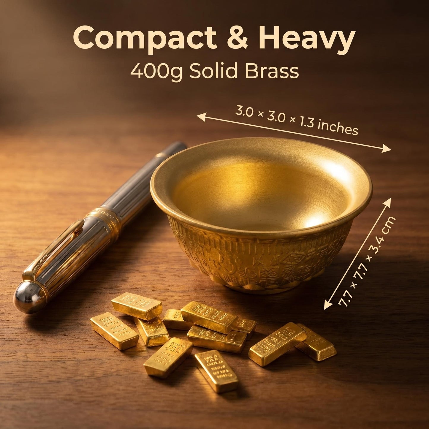 Solid Brass Feng Shui Money Bowl, 100 Fu Carved Bowl, Wealth Frog & Lotus Base, 200 Gold Bricks, 400g, 7.7x7.7x3.4cm, for Wealth Corner, Altar, Office Desk, Home,feng Shui Decor, Brings Abundance