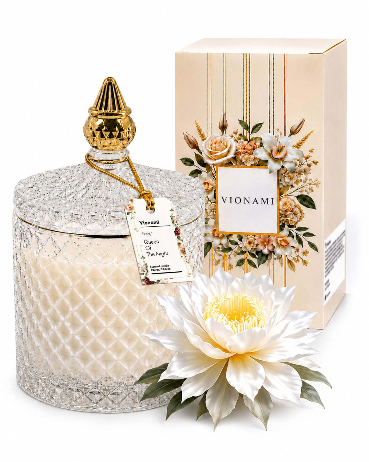 VIONAMI Luxury Scented Candle Gift – Queen of The Night Rare Flower Fragrance in Elegant Glass Jar, Decorative Soy Candles Gifts for Women, Long-Lasting 80 Hr, 14.8 oz, Luxury Candles for Women