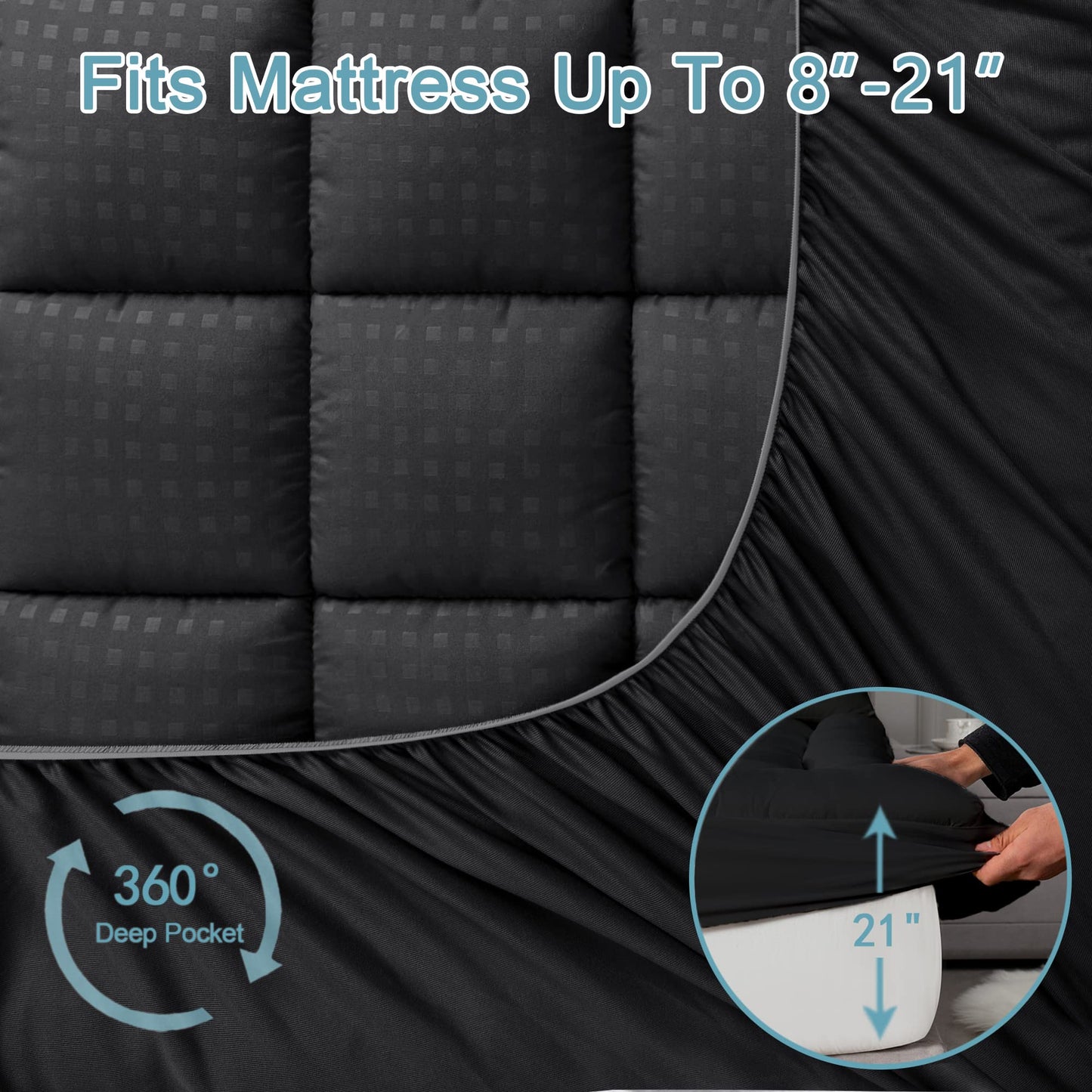 HYLEORY Queen Mattress Pad Quilted Fitted Mattress Protector Cooling Pillow Top Mattress Cover Breathable Fluffy Soft Mattress Topper with 8-21" Deep Pocket, Black