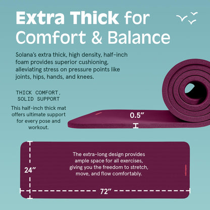 Retrospec Solana Yoga Mat 1/2" Thick w/Nylon Strap for Men & Women - Non Slip Exercise Mat for Yoga, Pilates, Stretching, Floor & Fitness Workouts