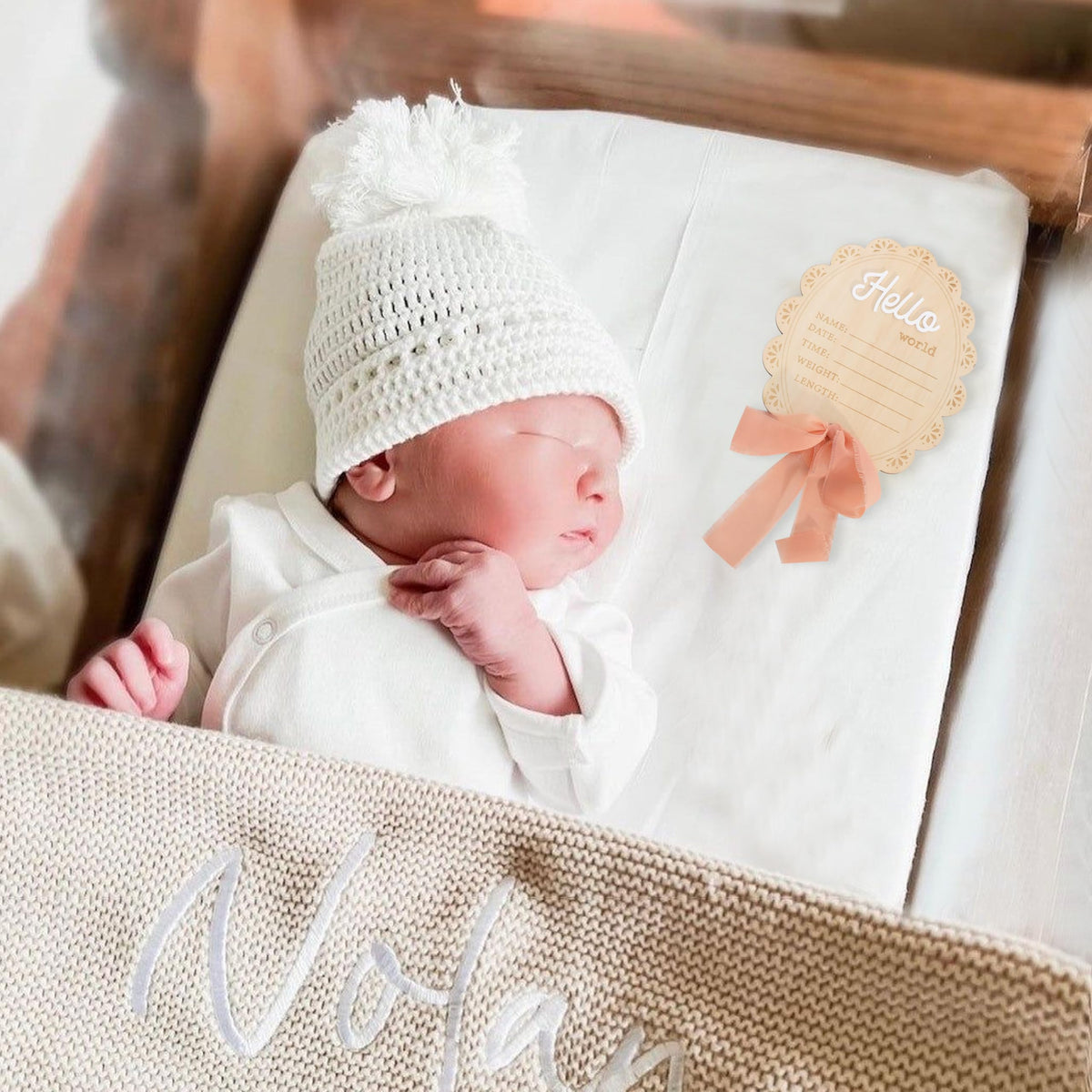 Girls Hello World Wood Sign - Newborn Birth Announcement Plaque, Scallop Edge Wooden Sign Disc, Hospital Name Welcome Baby Photo Props, Baby Shower Keepsake Gifts