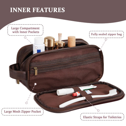 Janhavi Travel Essentials Toiletry Bag, Waterproof PU Leather Initials & Wheat, Groomsmen Gifts, Men's Accessories Organizer, Travel Bags for Men, Birthday Gift Box for Men (Medium, Dark Brown, O)