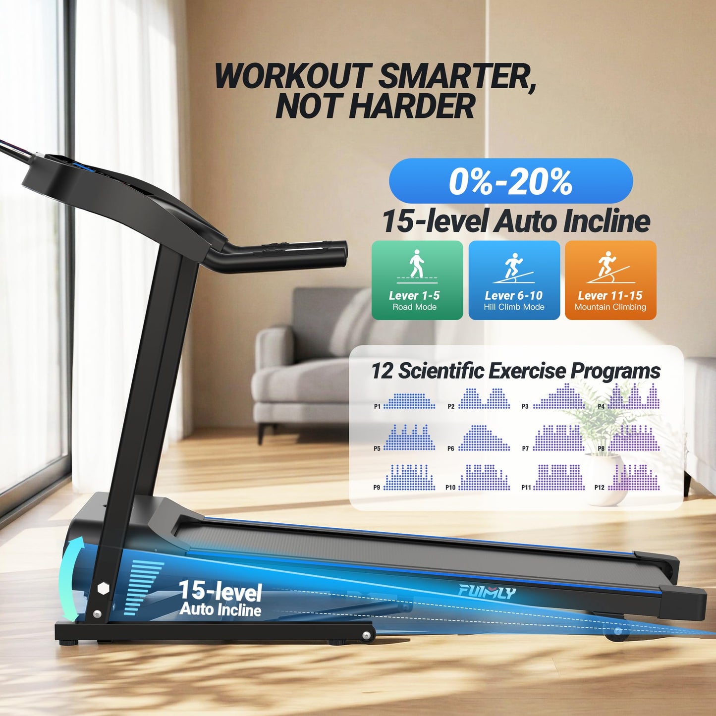 Treadmill with 20% Auto Incline, FUNMILY 4.5HP Heavy Duty Treadmill for Home, 400 lb Weight Capacity Folding Running Machine, Smart Data Monitoring/Shock Absorption/Large LED Display