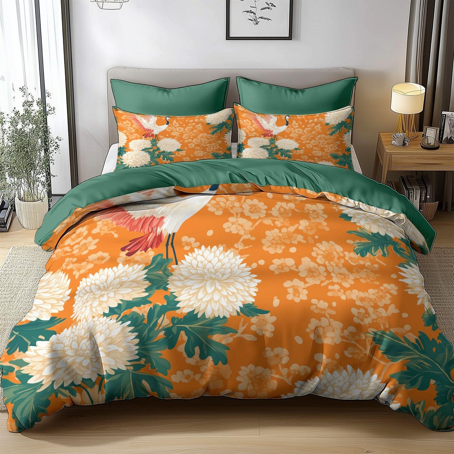 Twin Duvet Cover Set Plants and Flowers Chrysanthemum 1 Soft Bedding Duvet Cover 68×90 Inches with Zipper Closure Dark Green, Ultra Soft, for Kids Boys Girls Teens Bedroom Decor