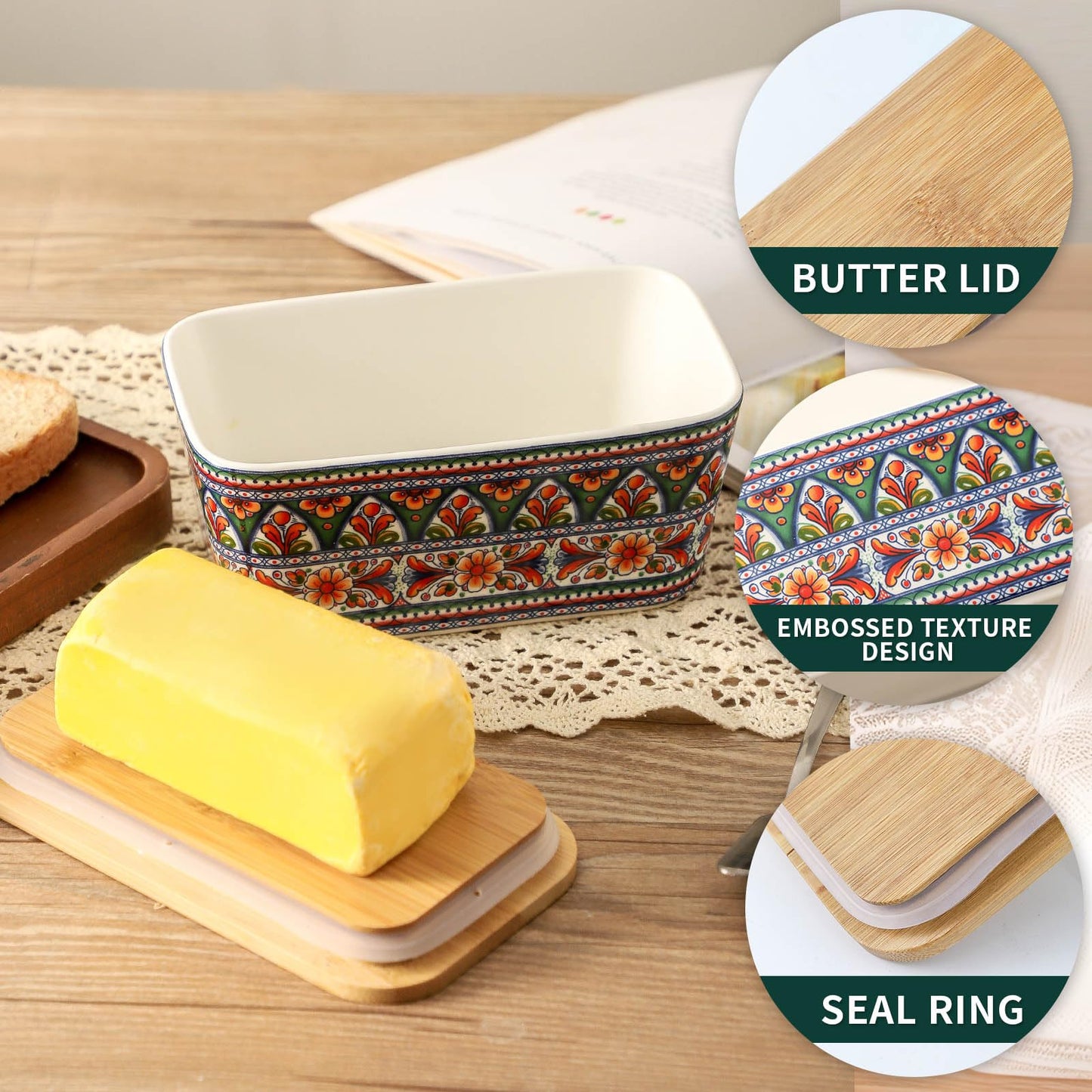 Tikooere Ceramic Butter Dish with Lid,Large Butter Container with Airtight Cover for Countertop or Refrigerator,Farmhouse Kitchen Butter Holder for New Year Gift,Dishwasher Safe,Green Printing