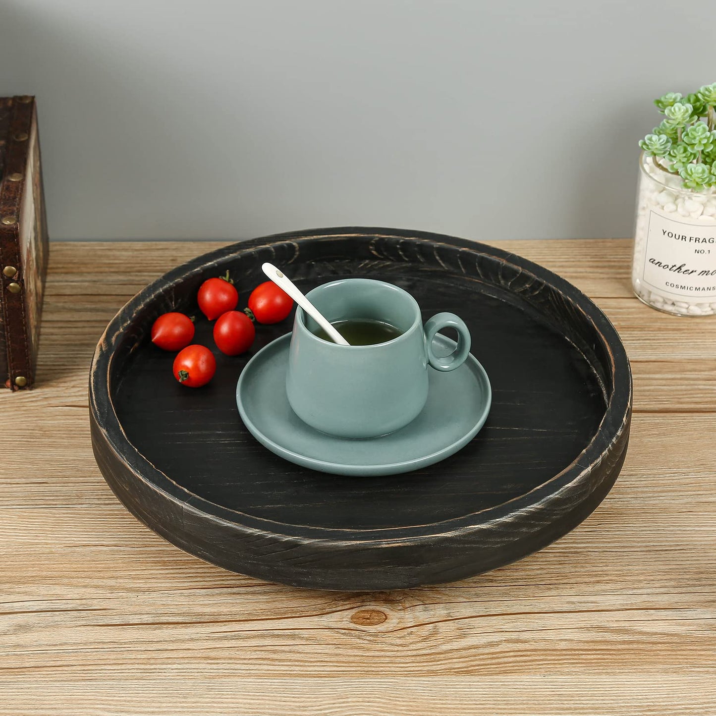 Juleduo 13.38 Inch Rustic Round Wood Lazy Susan for Table Top - Wooden Turntable Serving Tray Distressed Farmhouse Turntable Tray, Cabinet Organizer(Black)