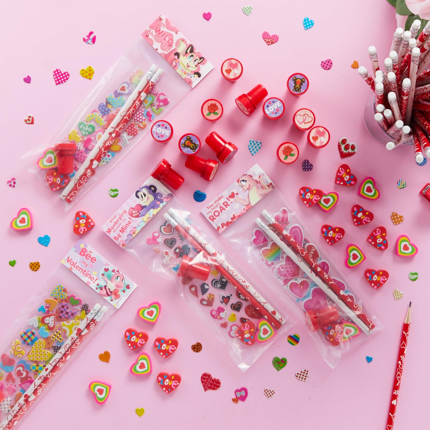 JOYIN 24packs Valentines Day Stationery Gifts, 96pcs Party Favor with Pencil, Erasers, Notebook & Bags for Kids School Classroom Exchange Supplies