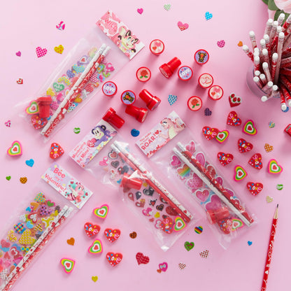JOYIN 24packs Valentines Day Stationery Gifts, 96pcs Party Favor with Pencil, Erasers, Notebook & Bags for Kids School Classroom Exchange Supplies