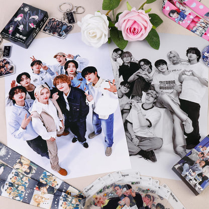 Stray Kids Gifts Set, Including 110 Photocards, 180 Stickers, 1 Drawstring Bag Backpack, 24 Lomo Cards, 3 Design Bracelet, 2 Adhesive Posters, 2 Lanyards, 2 Pins and Keychain SKZ's Fans Merchandise