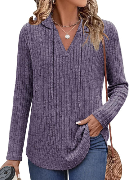 Lylinan Womens Cozy Knit Sweaters Hoodies Ribbed V Neck Pullover Sweatshirts for Fall Outfits S-XXL