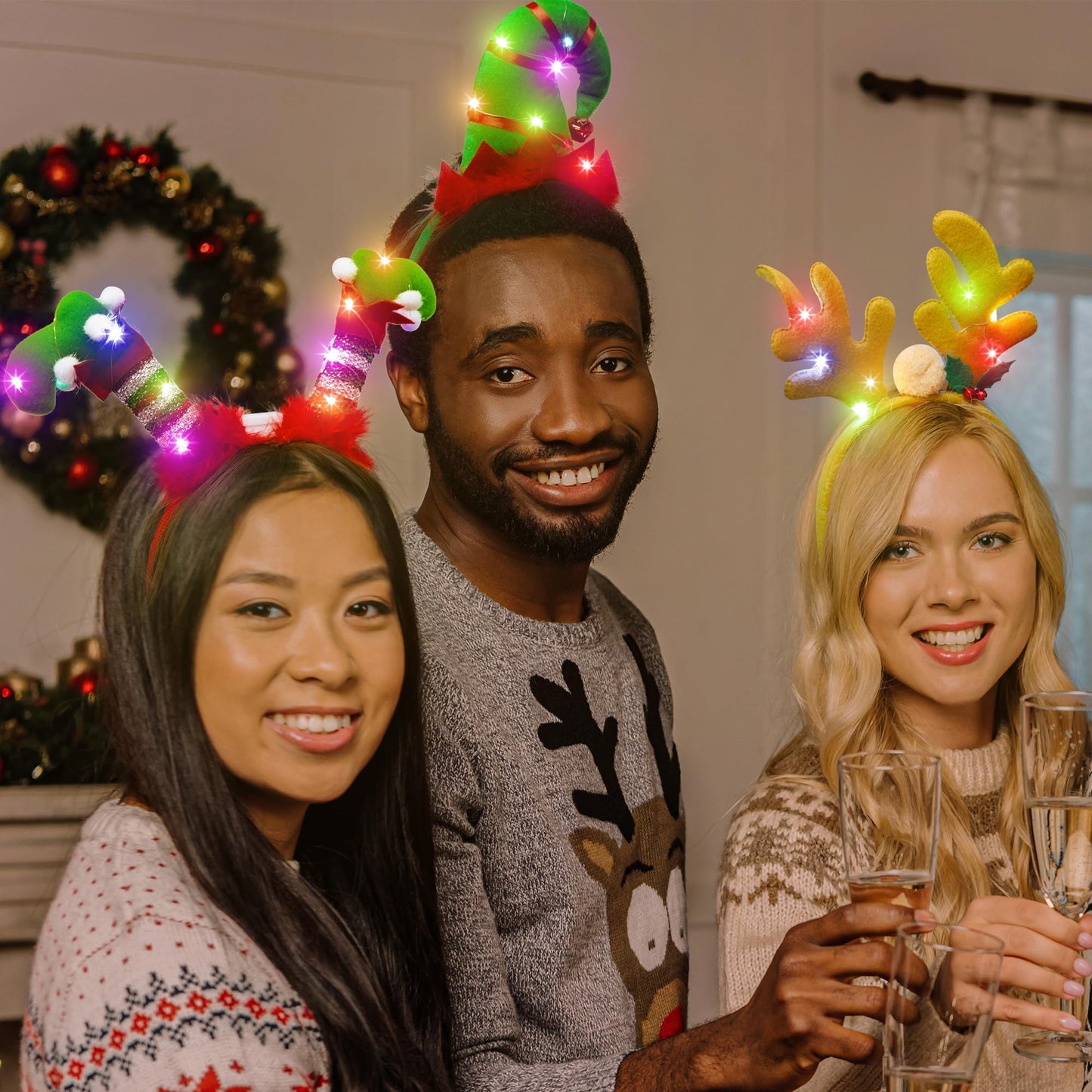 HOVACY Christmas 6 PCS LED Light Up Headband, Reindeer Antler Santa Hat Christmas Tree Leprechaun Hat Bow Hair Hoop for Xmas Holiday Party Favors Adults Women