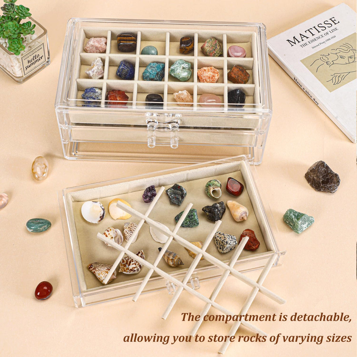 CLUQMEIK Acrylic Rock Collection Display Case with 54 Grids Storage Compartments Rock Collection Boxes Display Organizer Collection Storage Display Cases for Collectibles Crystal /Rock（Beige）