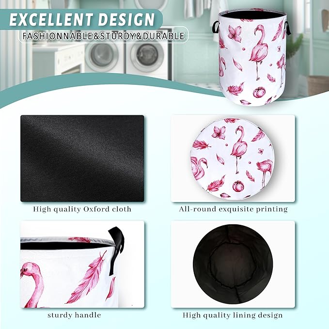 Pink Flamingo Laundry Basket Animal Foldable Funny Laundry Hamper Oxford Cloth