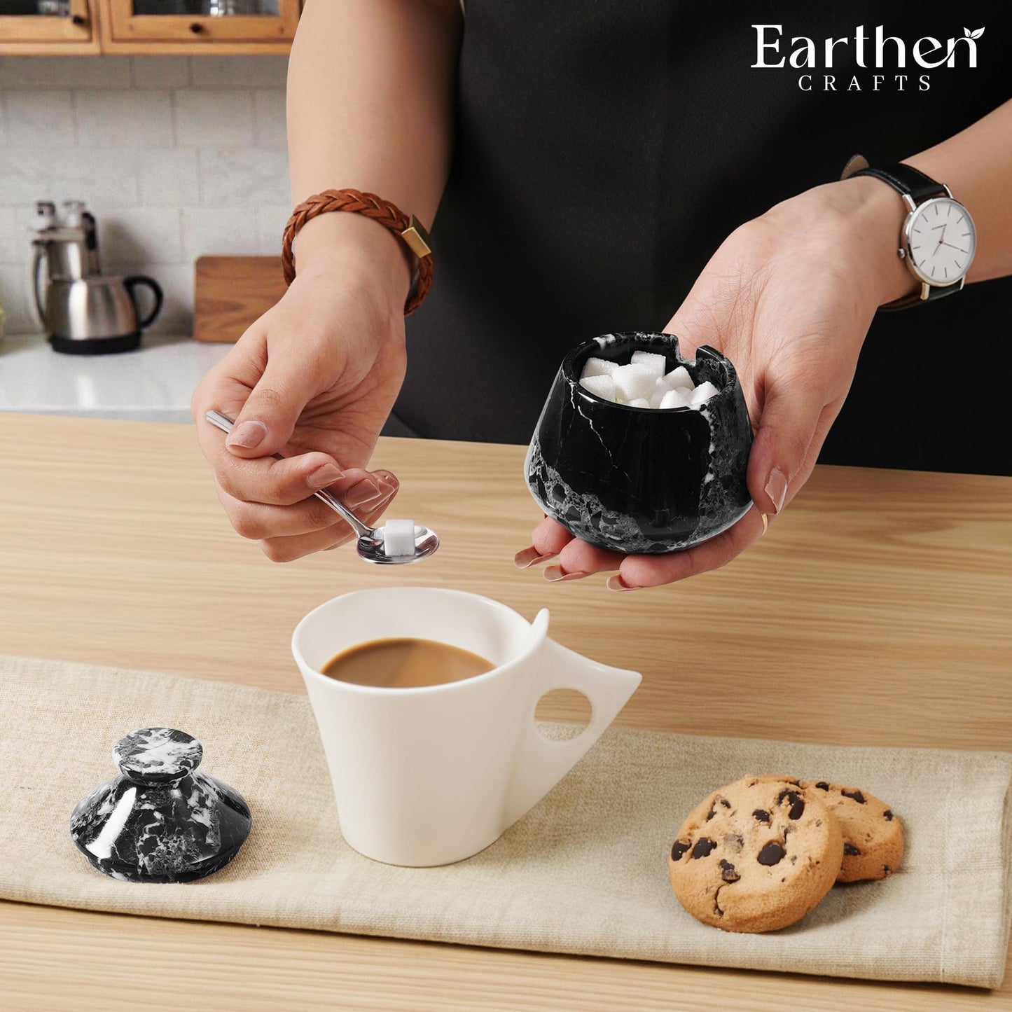 EARTHEN CRAFTS Marble Salt Cellar with Lid & Spoon, Black, 3" Salt Box Natural Stone Salt Holder For Countertop Salt Dish Spice Jar Seasoning Storage Containers for Kitchen Table Decor