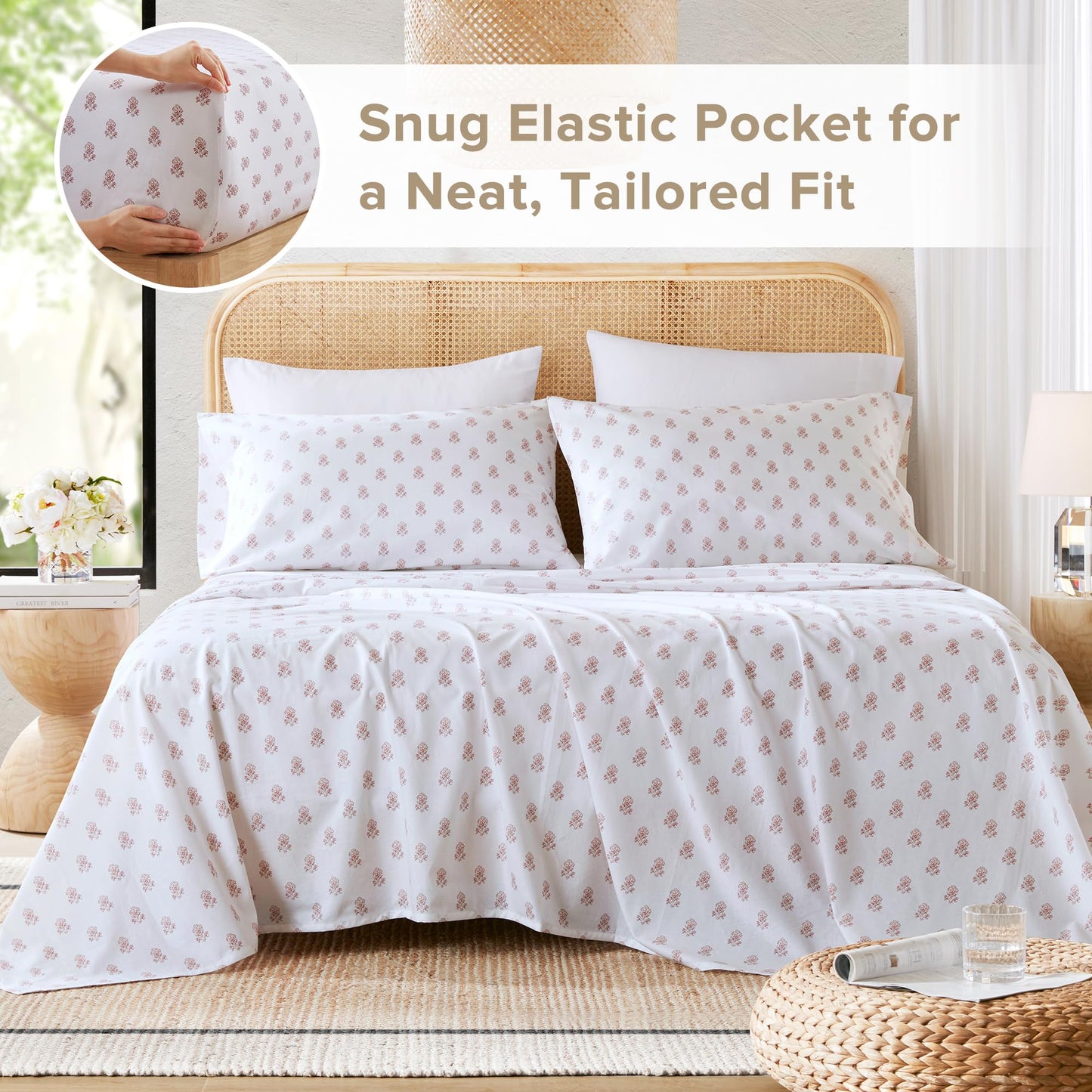 Comfort Spaces 100% Cotton Sheets King, Breathable, Naturally Cool Cotton Sheets, Soft Cotton Bed Sheets with 14" Elastic Pocket Fits up to 16" Mattress, All Seasons Sheet Set, Floral Pink 4 Piece